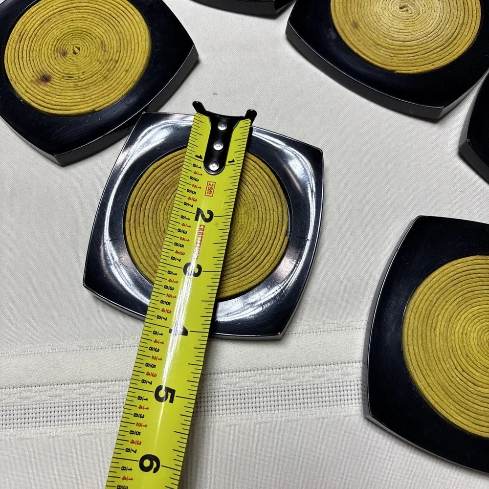 Vintage MCM Mid Century Set of 6 Plastic Drink Coasters Black Yellow